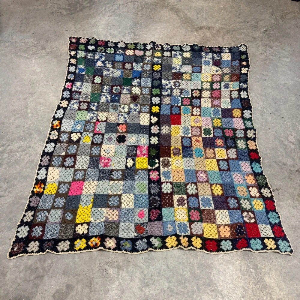 Vintage Handmade Granny Afgan Crochet Blanket Multi Color Patchwork Throw 78x65